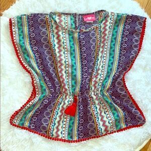Girls Pink Girl’s Mixed Paisely Print Pom Pom Trim Boho Poncho Blouse Top 14/16